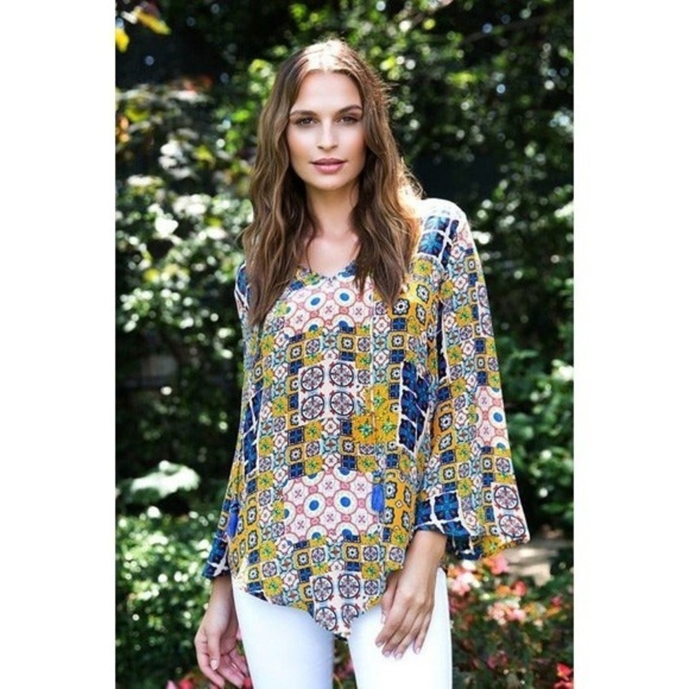 Tolani x Nicky Hilton 100% Silk Salerno Tassel Boho Tunic Blouse Blue & Yellow M